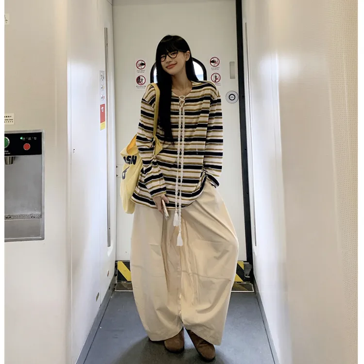 时尚慵懒感复古撞色领口绑带条纹长袖上衣宽松休闲裤运动两件套