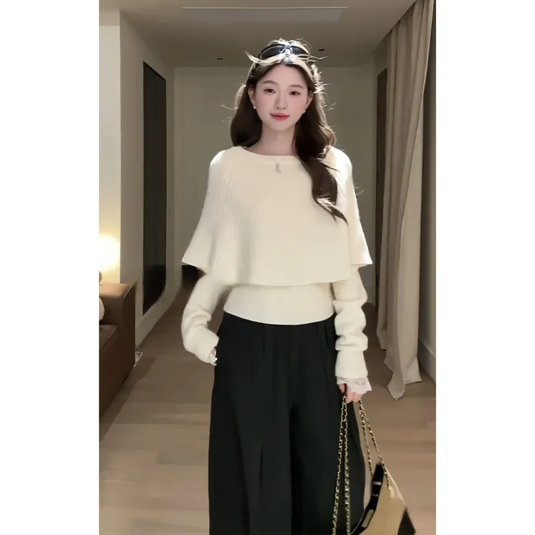 2025秋冬新款女韩系穿搭假两件圆领斗篷毛衣上衣百搭高腰阔腿长裤