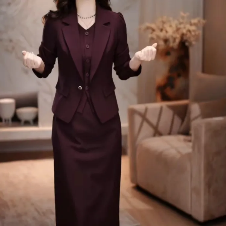 西服外套+连衣裙时尚洋气减龄轻职风休闲风紫红色秋季两件套裙子