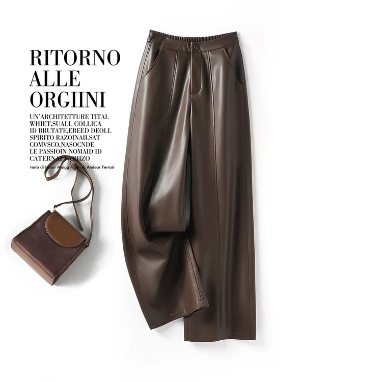 海宁真皮裤女2025秋冬新款薄绒时尚百搭直筒松紧高腰长裤微阔腿裤