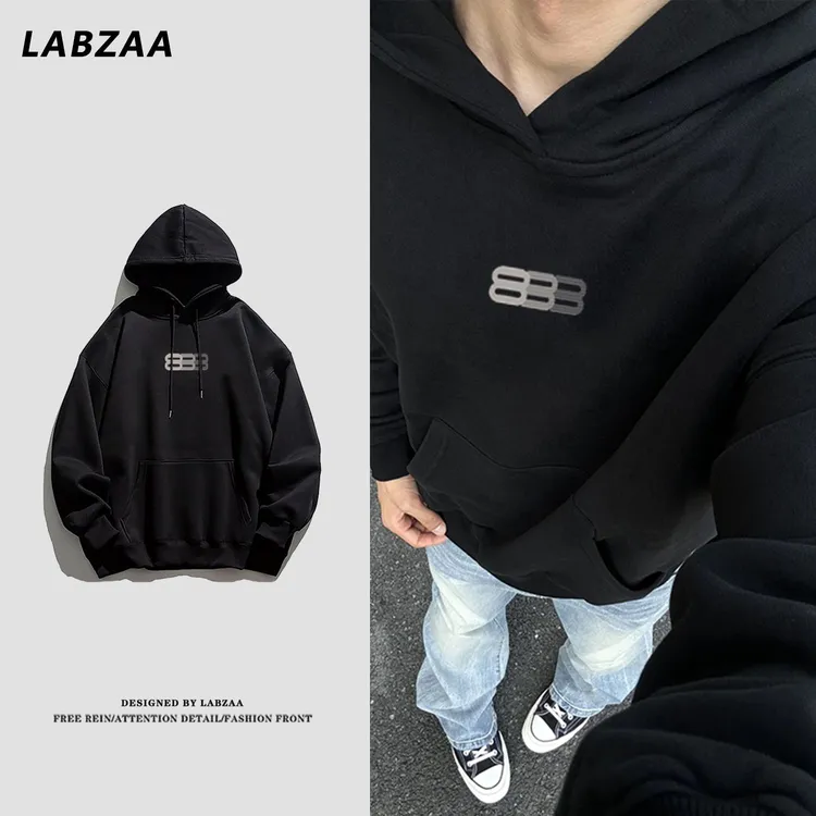 labzaa美式简约几何印花连帽卫衣男女秋冬季宽松休闲潮流情侣上衣