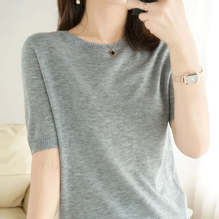 绵软感~精纺超细羊毛针织短袖女士圆领宽松T恤薄款打底衫
