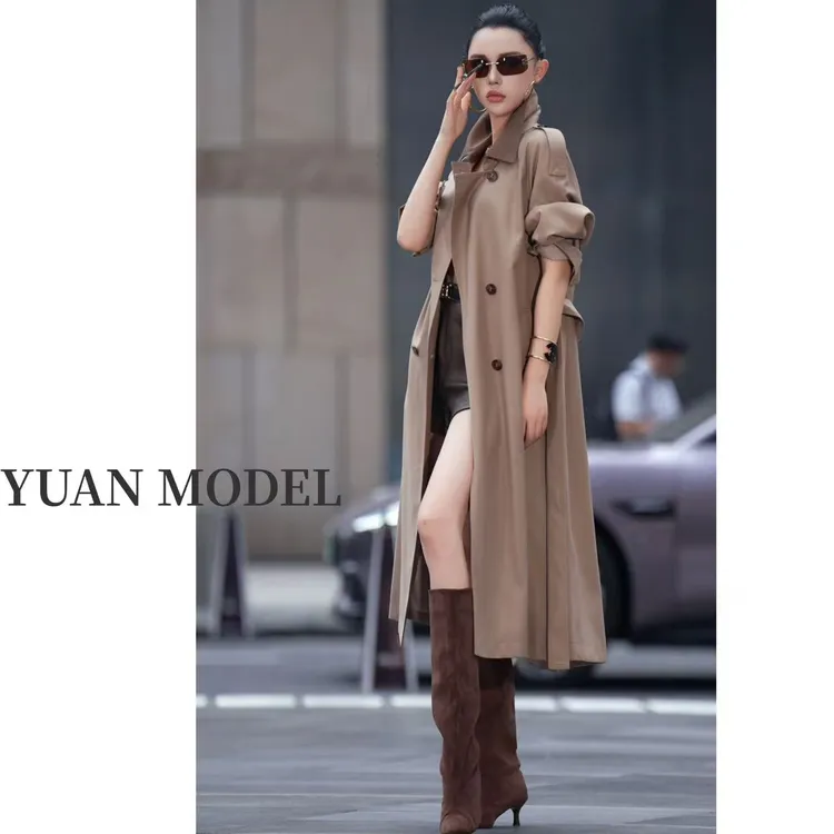 YUAN MODEL/媛老板-法式优雅收腰长款风衣撞色领大衣外套 090206