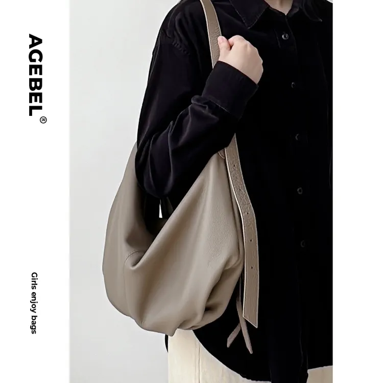 艾吉贝腋下通勤包女简约新款黑色高级质感大容量真牛皮单肩包包