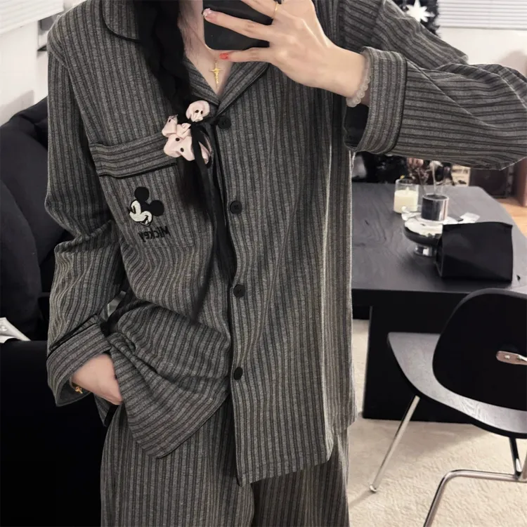 情侣睡衣女款纯棉春秋季日系条纹长袖长裤男士100%全棉家居服套装