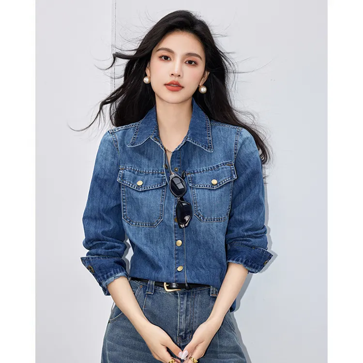 复古百搭翻领长袖牛仔衬衫女春季新款设计感休闲百搭女士上衣外套