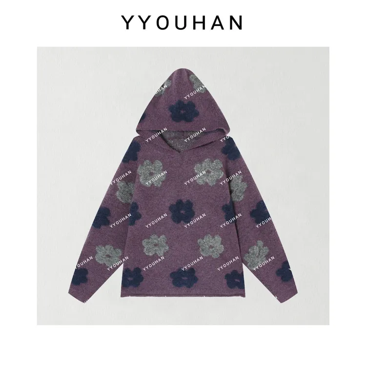 月月2025冬款新款小众设计百搭宽松女款花朵连帽毛衣 2510C6744