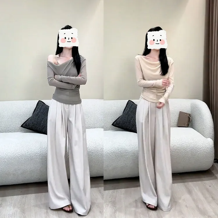 2025秋季新款设计感一整套时尚百搭荡领上衣女阔腿休闲裤两件套