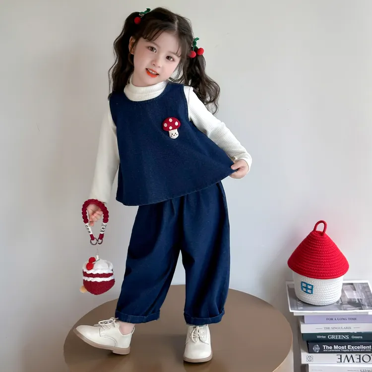 女童秋季套装洋气女宝宝春秋韩版蝴蝶结牛仔三件套小女孩秋装时髦