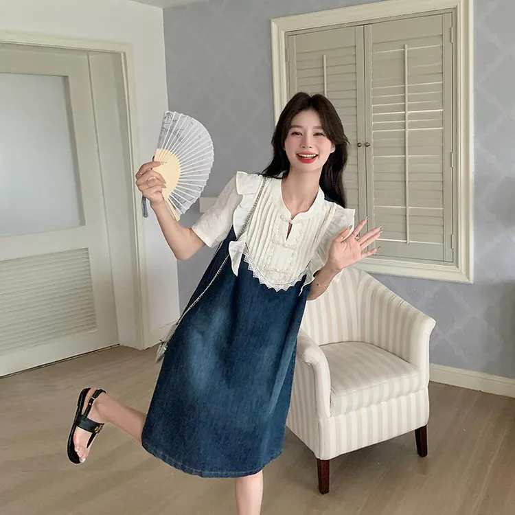 新中式国风盘扣牛仔裙女夏季2025新款韩版宽松小个子假两件连衣裙