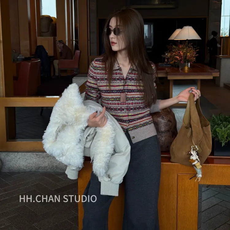 HH.CHAN“confident”羊毛&棉费尔岛翻领开衫短款开衫毛衣HH5137978