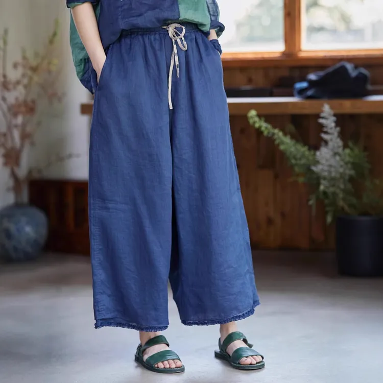春季新款原创群青蓝细支八分裤苎麻轻宽松大码透气松紧腰直筒裤