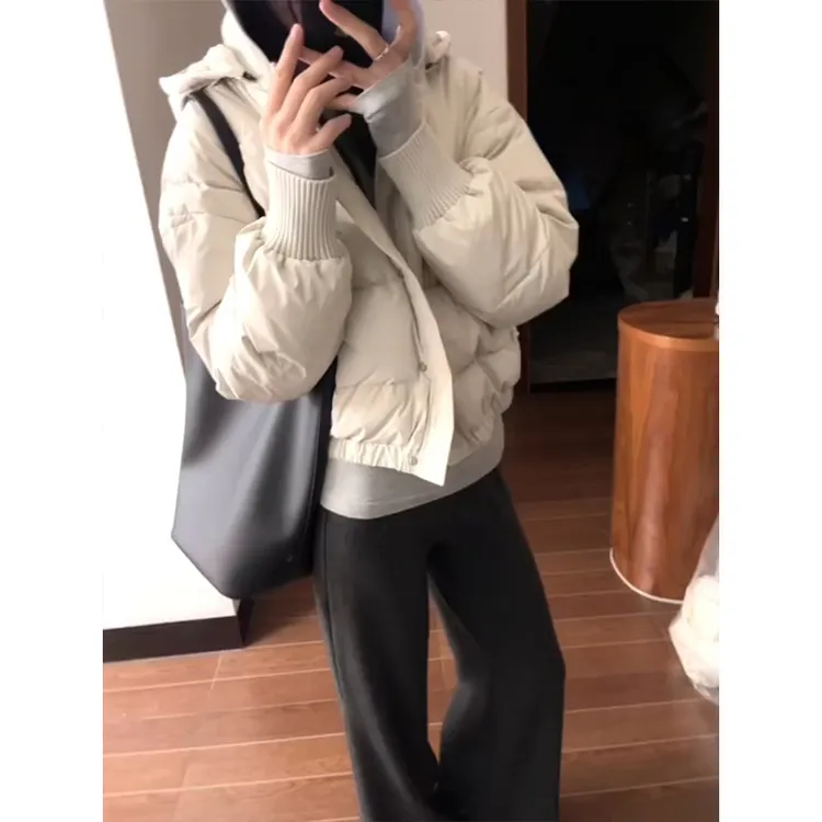 韩版纯色百搭短款棉服外套女冬季新款设计感时尚保暖连帽面包服潮