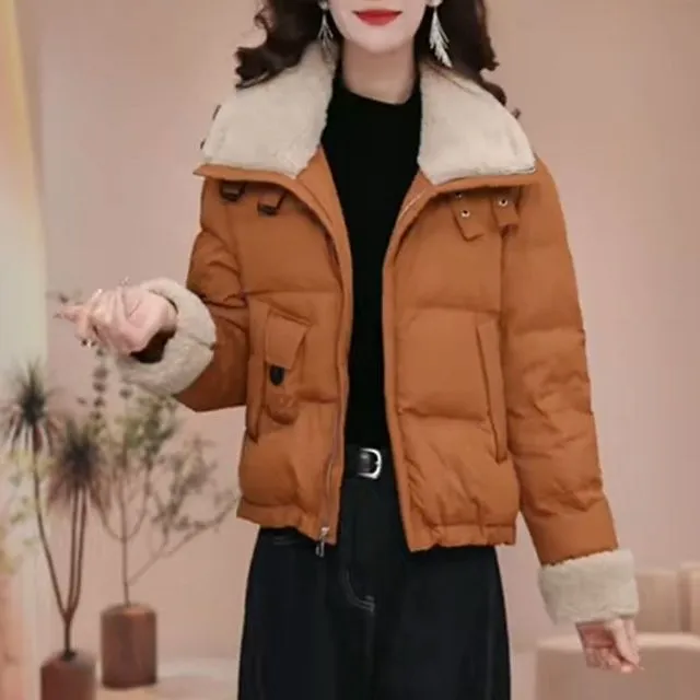 冬季时尚气质短款棉服女新款设计感毛毛拼接立领加厚保暖棉衣