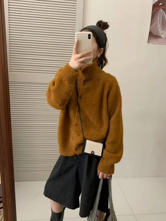 韩系设计稿立领针织开衫女秋冬新款软糯慵懒宽松时尚百搭上衣外套