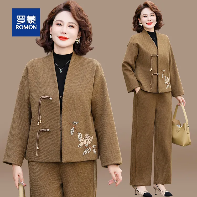 罗蒙新中式妈妈秋装套装洋气中老年女士秋冬外套贵夫人毛呢上衣服
