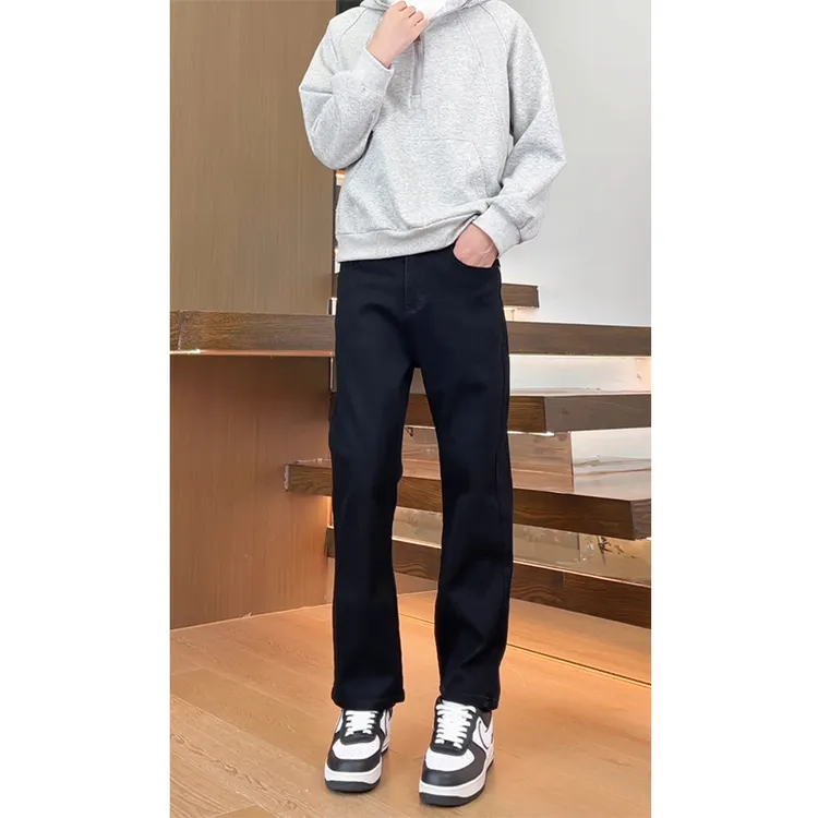 美式窄版男士黑色牛仔裤直筒弹力小个子男生裤子高街vibe风九分裤