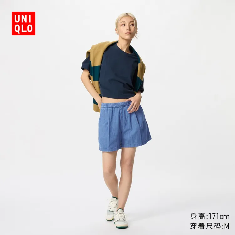 优衣库女装棉质松紧短裤/牛仔休闲居家可外穿473757