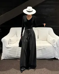 【Aliu自制】复古高腰显瘦设计感竖条纹阔腿裤女秋季百搭时尚拖地裤