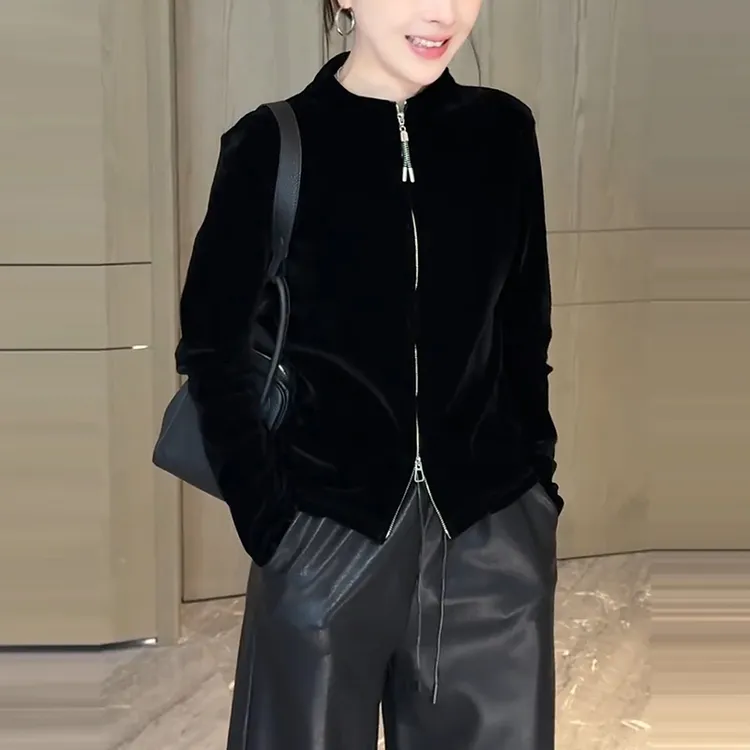 独特漂亮的早秋丝绒小外套女2025新款时尚睡衣修身双拉链夹克上衣