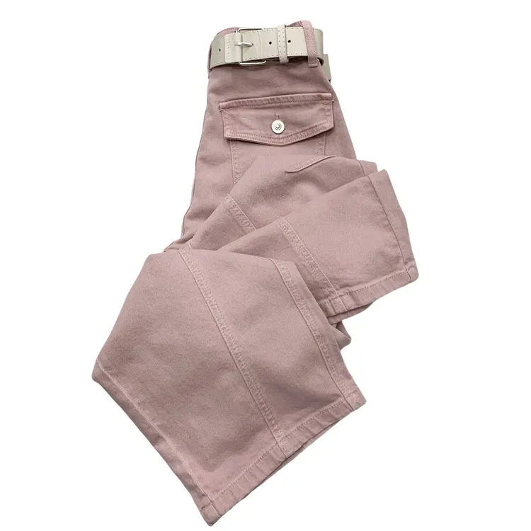 W57911新款不加绒洋气后兜纽扣牛仔工装弯刀裤（不带腰带）