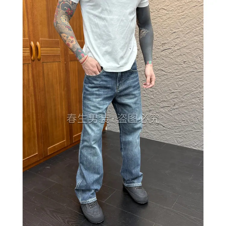 2025秋冬新款时尚休闲百搭净版直筒宽松男士加绒牛仔裤50080