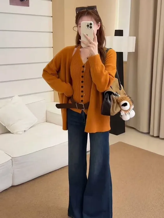 微胖MM韩系慵懒风针织开衫外套挂脖吊带背心秋冬软糯毛衣两件套装