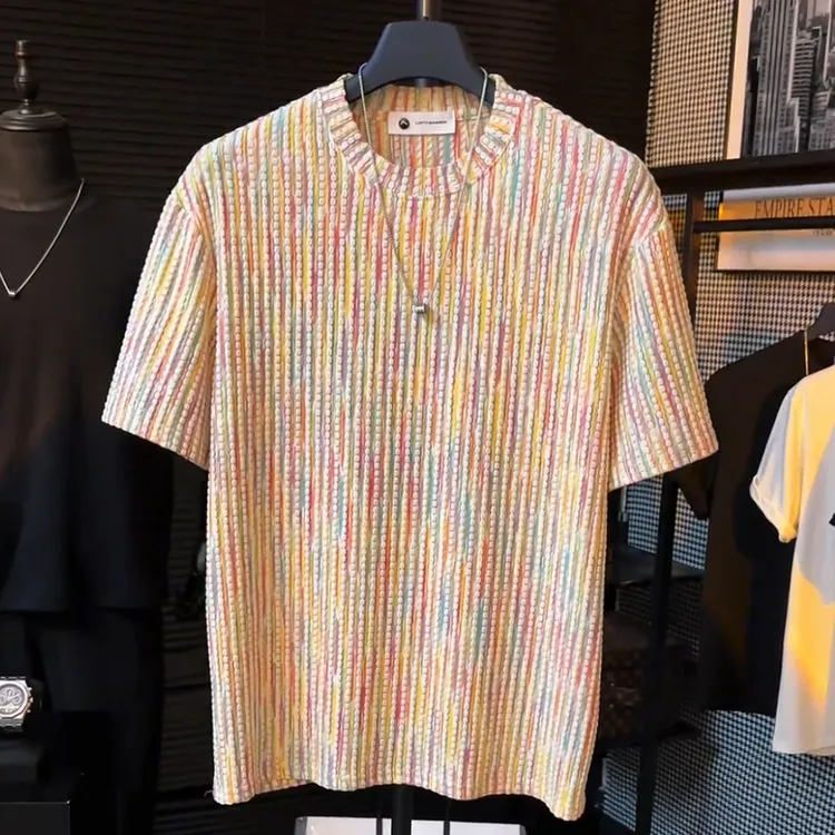 夏季新款老钱风肌理感圆领短袖男设计感潮牌宽松百搭透气休闲T恤