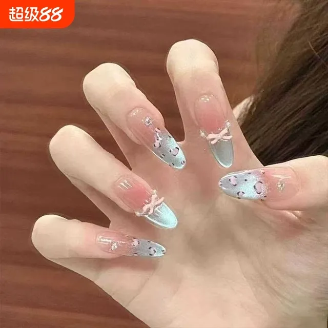 夏日海盐奶蓝豹纹手工穿戴甲腮红法式温柔猫眼美甲纯欲显白中长款