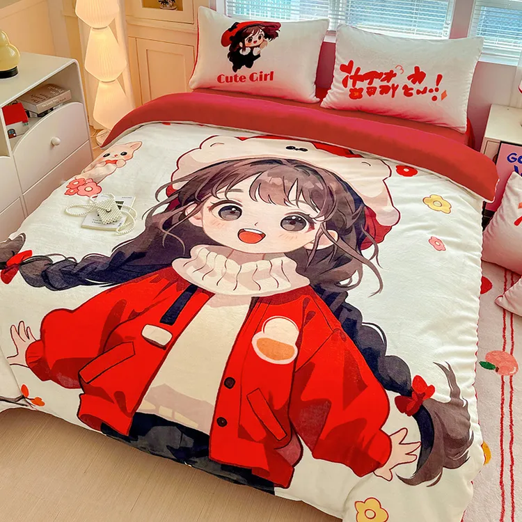 大版卡通可爱牛奶绒套件秋冬保暖防寒双面加厚印花超软绒学生宿舍