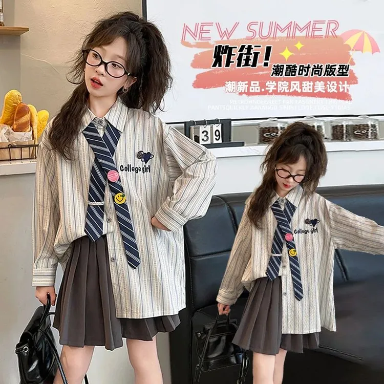 【毛妈潮牌】女童春秋学院风衬衫裙套装2025新款大童时髦洋气两件套