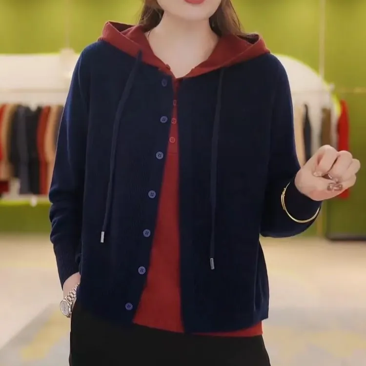 假两件开衫撞色连帽抽绳针织衫女秋冬长袖套头毛衣设计感长袖上衣