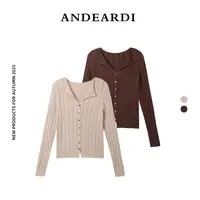 ANDEARDI美利奴羊毛单排扣长袖小V领针织开衫外套女韩系气质上衣