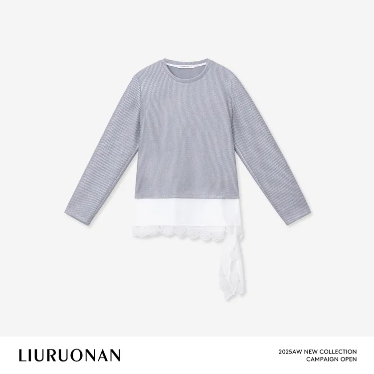 LIURUONAN 25WIN【银月蕾丝tee】假两件拼接蕾丝下摆设计感长袖T恤