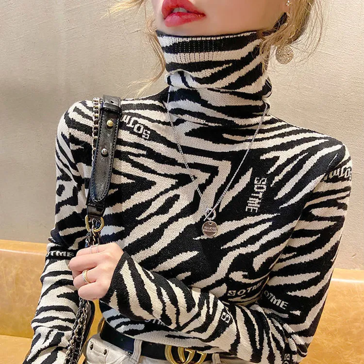 枫枫秋冬洋气时尚百搭豹纹打底衫上衣高领毛加厚加绒针织衫长袖毛