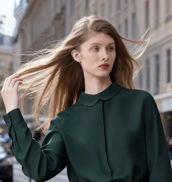 新款内搭专用衬衫复古绿色重磅真丝显瘦女百搭洋气衬衣桑蚕丝上衣