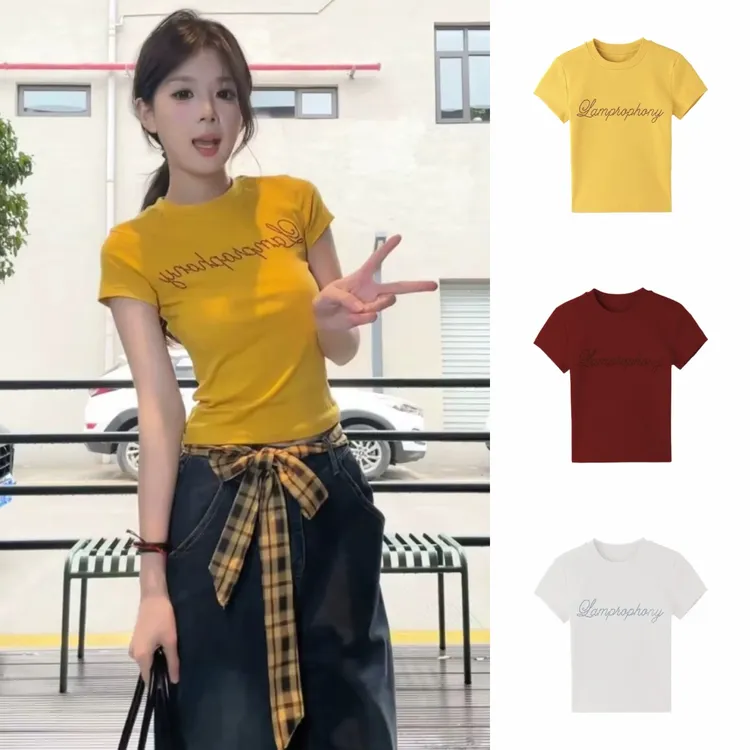 黄色字母烫钻正肩短袖t恤女夏季修身显瘦美式辣妹短款设计感上衣