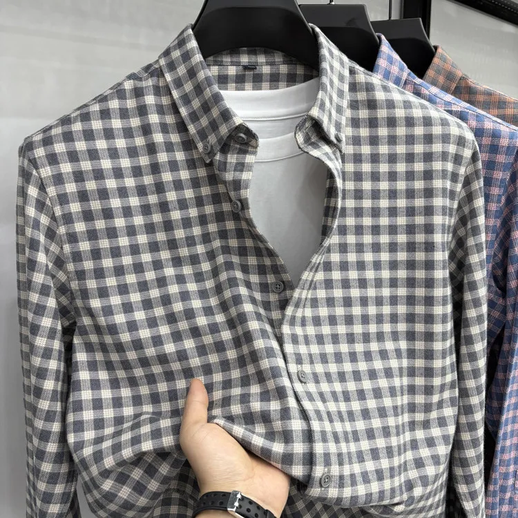 纯棉磨毛格子长袖衬衫商务休闲翻领时尚衬衣男士秋款简约百搭舒适