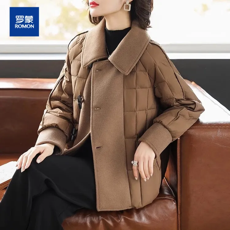 罗蒙中年妈妈冬装短款时尚棉服洋气拼接毛呢外套中老年人冬季棉袄