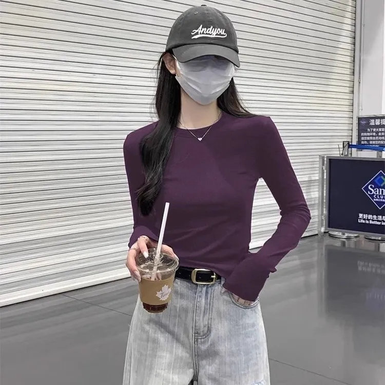 韩版新款圆领修身弹力显瘦收腰秋冬ins长袖T恤女百搭外穿上衣美式