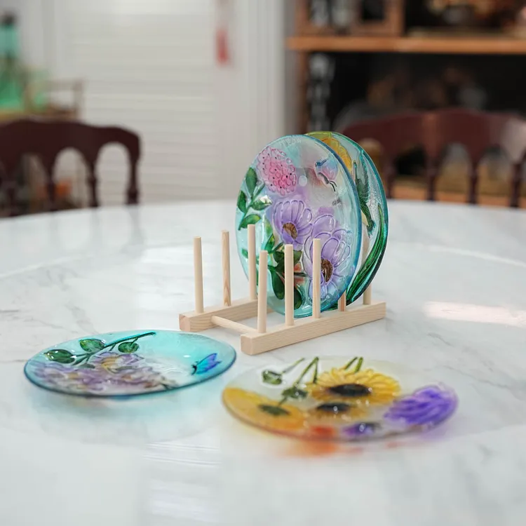 【奇居腾飞】轻奢手绘琉璃浮雕花卉餐盘水果盘子4个装配木架