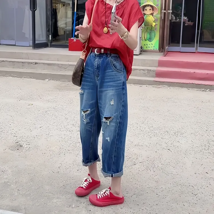 唐芯媛夏季新款显瘦直筒高腰直筒裤夏季牛仔裤韩版休闲休闲风薄款