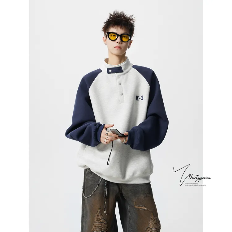 V37美式复古撞色拼接半开领卫衣男秋季潮流高街vibe宽松休闲上衣