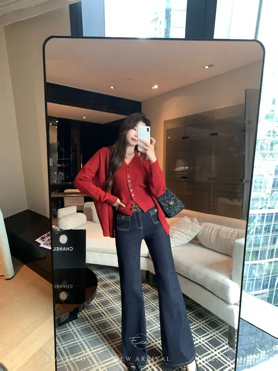 EIA一尧【自带瘦腿特效】复古显瘦牛仔裤微喇气质百搭日常中腰长裤