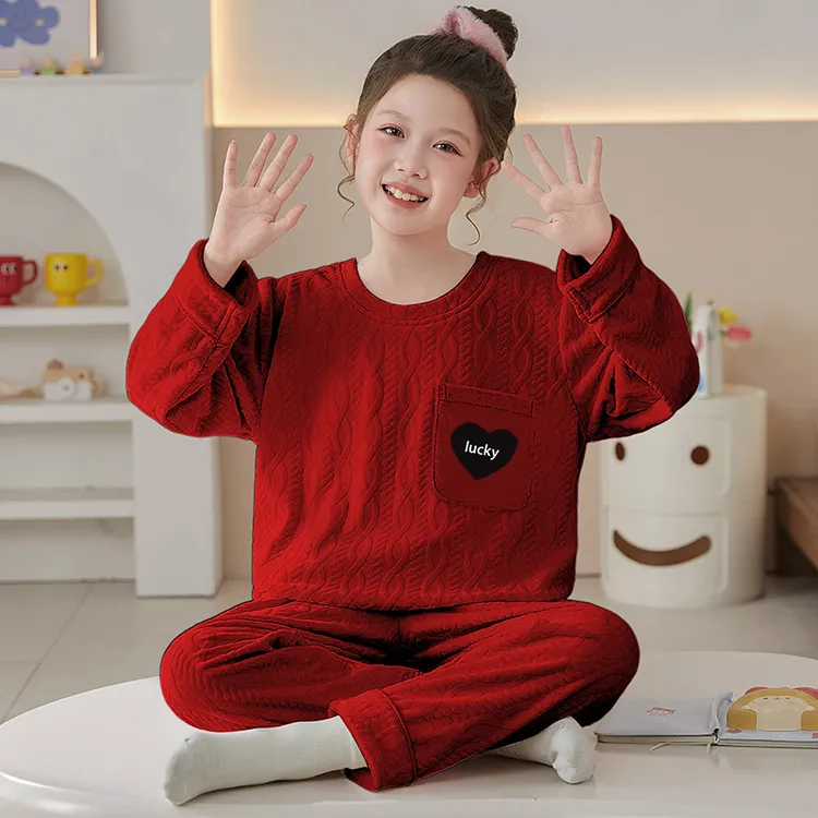 女童海岛绒秋冬季儿童睡衣圆领中大童女孩红色喜庆保暖家居服套装