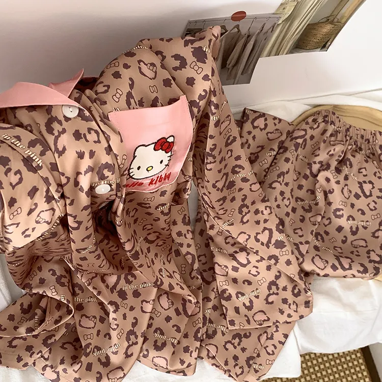 韩式高级冰丝睡衣女士春秋款豹纹HelloKitty印花长袖家居服可外穿