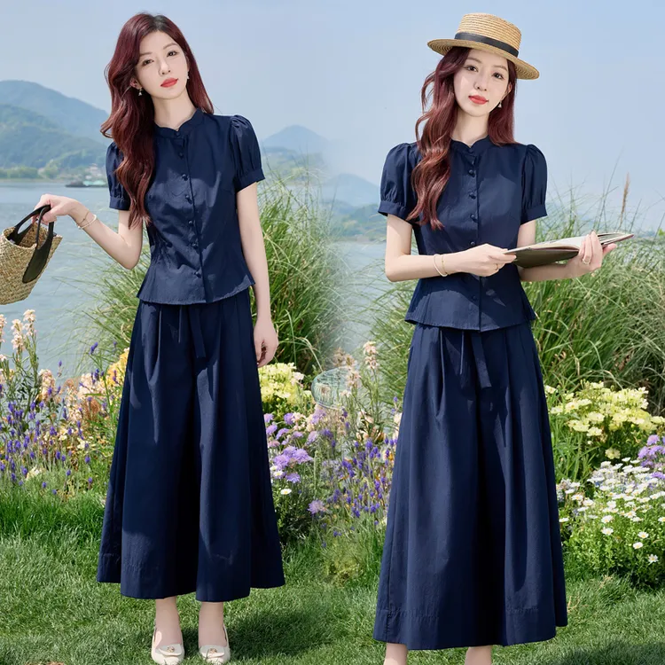 时尚休闲套装女2025年夏季新款高级感短袖遮肚子衬衫阔腿裤两件套