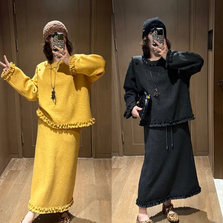 YDFSTUDIO小众【翩然之姿】欧货重工装饰木耳边设计上衣+半身裙套装