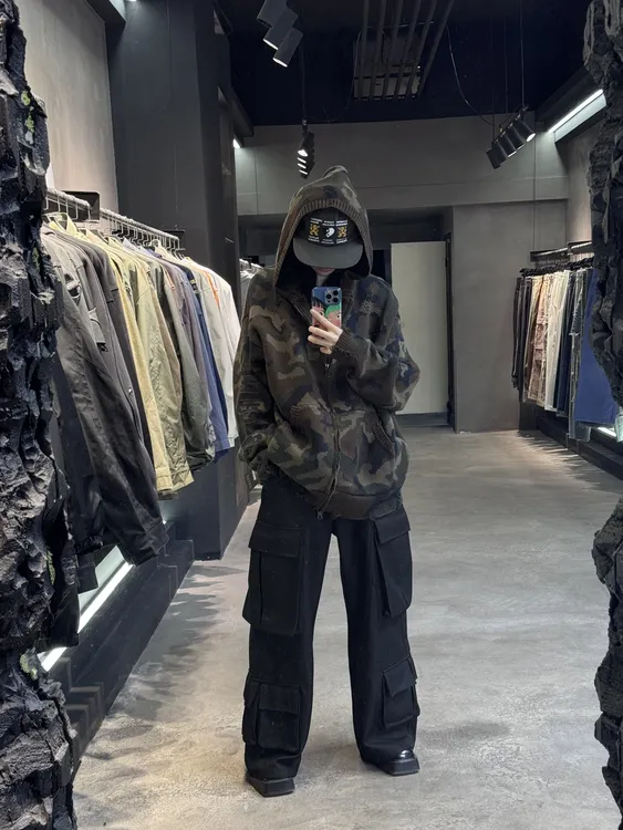 OS美式复古迷彩连帽毛衣男女宽松慵懒风设计感开衫外套