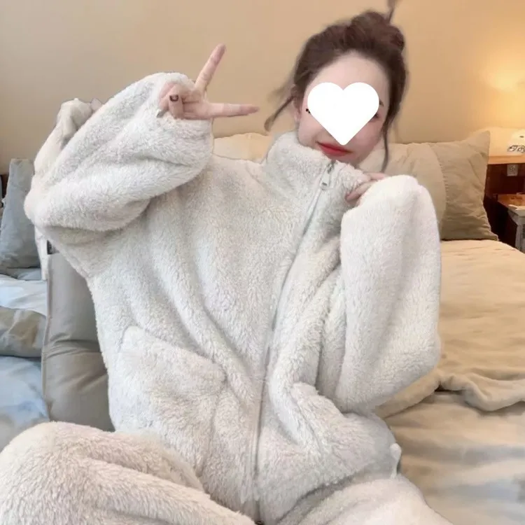 秋冬新款家居服加厚立领珊瑚绒睡衣套装可外穿睡衣拉链保暖套装女